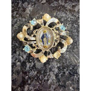 Vintage Catholic Miraculous Medal Brooch Our Lady of Grace French Inscription
